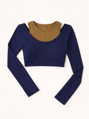 Live The Process Navy Layered Long Sleeve Crop Top | Built-In Tank Yoga Active